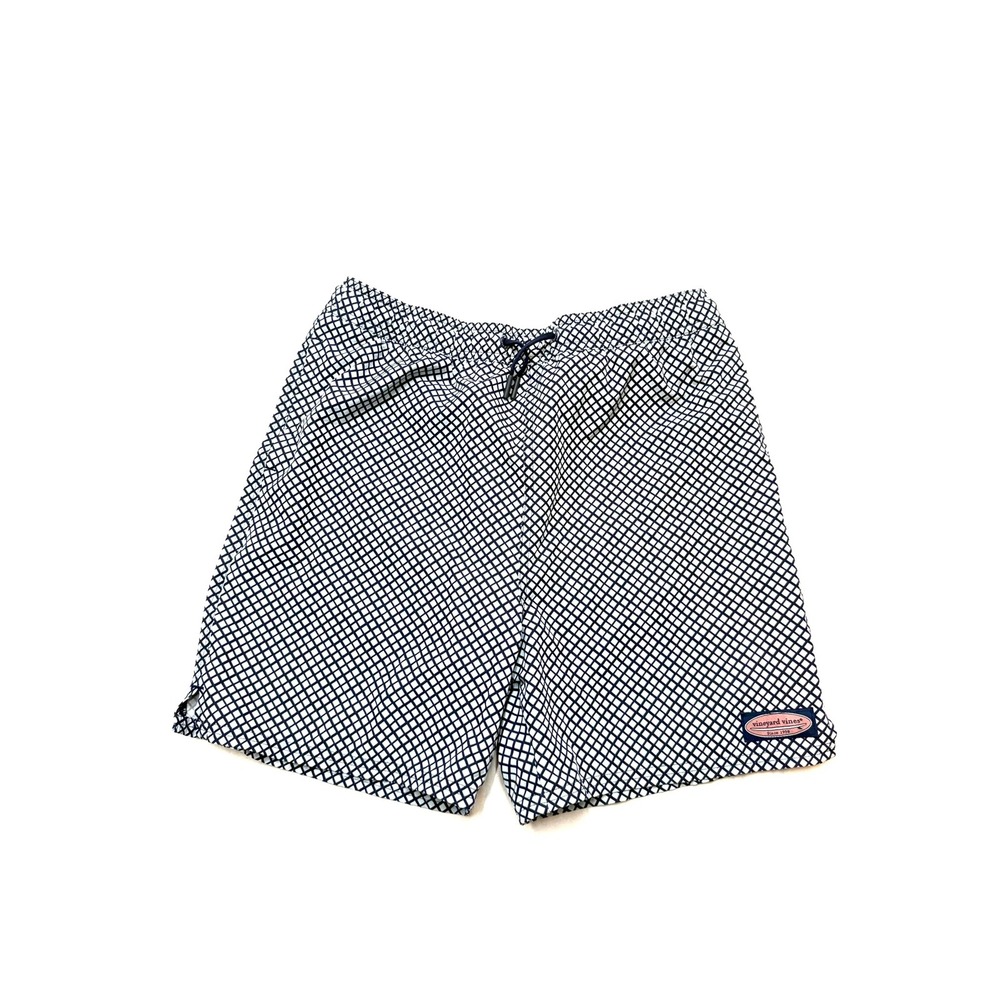VINEYARD VNES Youth Boys XL Blue White Lattice Print Mesh Lined 5" Swim Trunks